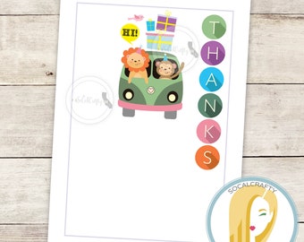 Printable Safari Birthday Party Thank You Card, Zoo Thank You Card, Wild Animal Birthday, Monkey Lion Thank You Cards, Instant Download
