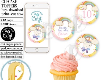 Editable Unicorn Cupcake Toppers / Rainbow Cupcake Topper / Unicorn Birthday Party / Corjl Template / Watercolor Matching Set Printable 081