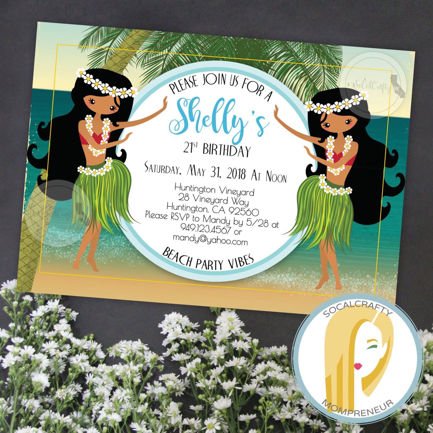 Luau Birthday Party Invitation Hula Girl Hawaii Invite Etsy