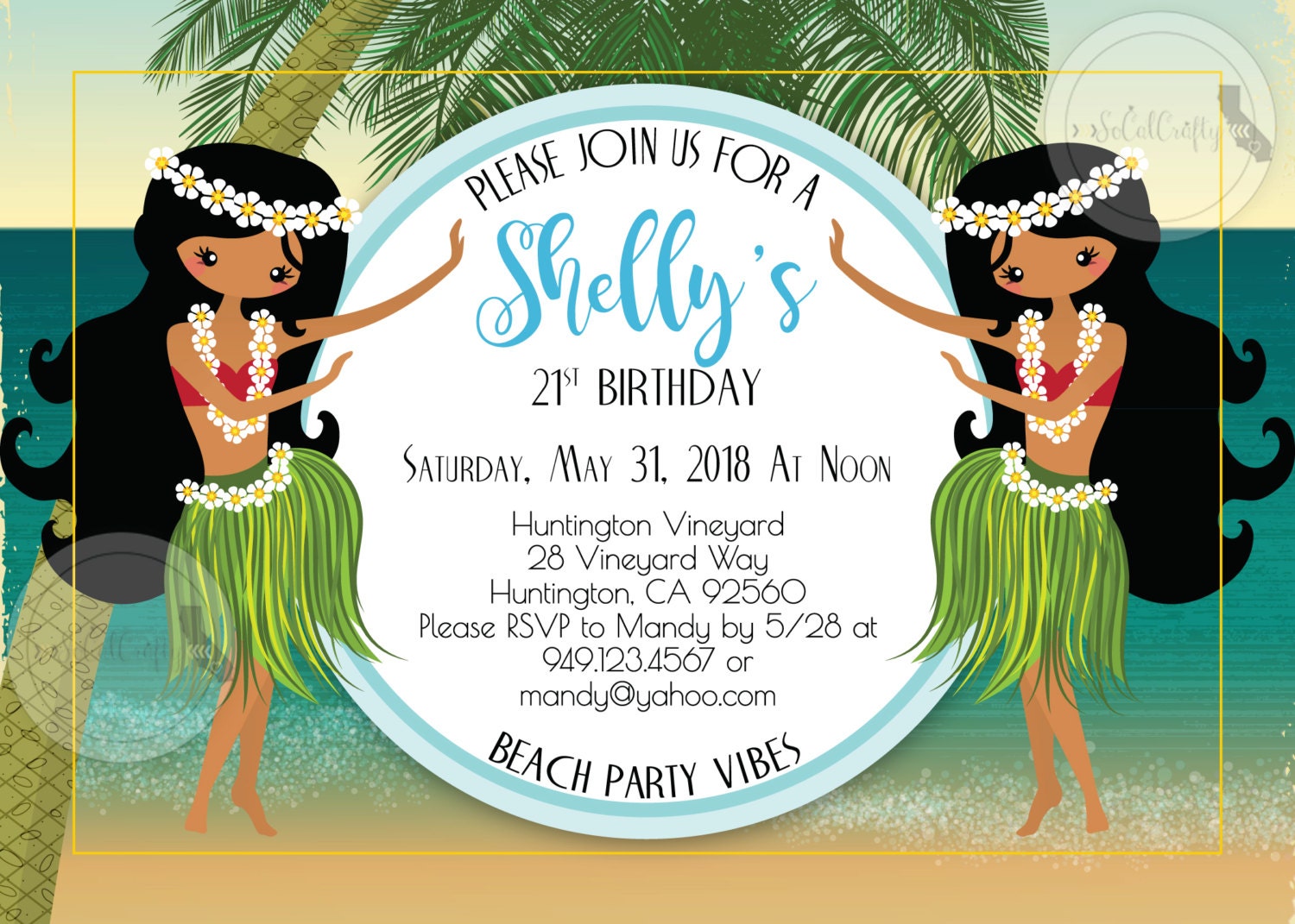 Luau Birthday Party Invitation Hula Girl Hawaii Invite Etsy