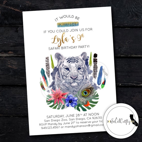 Invitation Fete Danniversaire De Tigre Blanc Zoo Invite Etsy