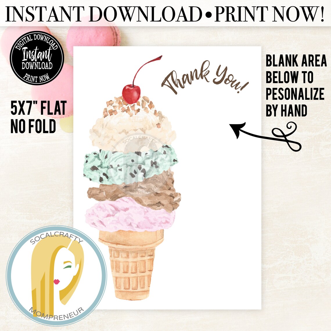 Printable Ice Cream Thank You Card / Ice Cream Cone Thank You Etsy