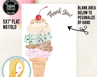 Printable Ice Cream Thank You Card / Ice Cream Cone Thank You Cards / Matching Set / Ice Cream Birthday Party / Instant Download 017