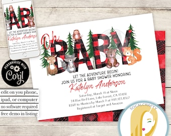 Lumberjack Baby Shower Invitation / Flannel Baby Shower Invite / Woodland / Buffalo Plaid / Editable Corjl Invite / Printed or Printable 004