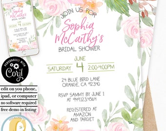 Watercolor Floral Bridal Shower Invitation / Watercolor Eucalyptus Invitation / Baby Shower / Corjl Invite / Printed or Printable 001