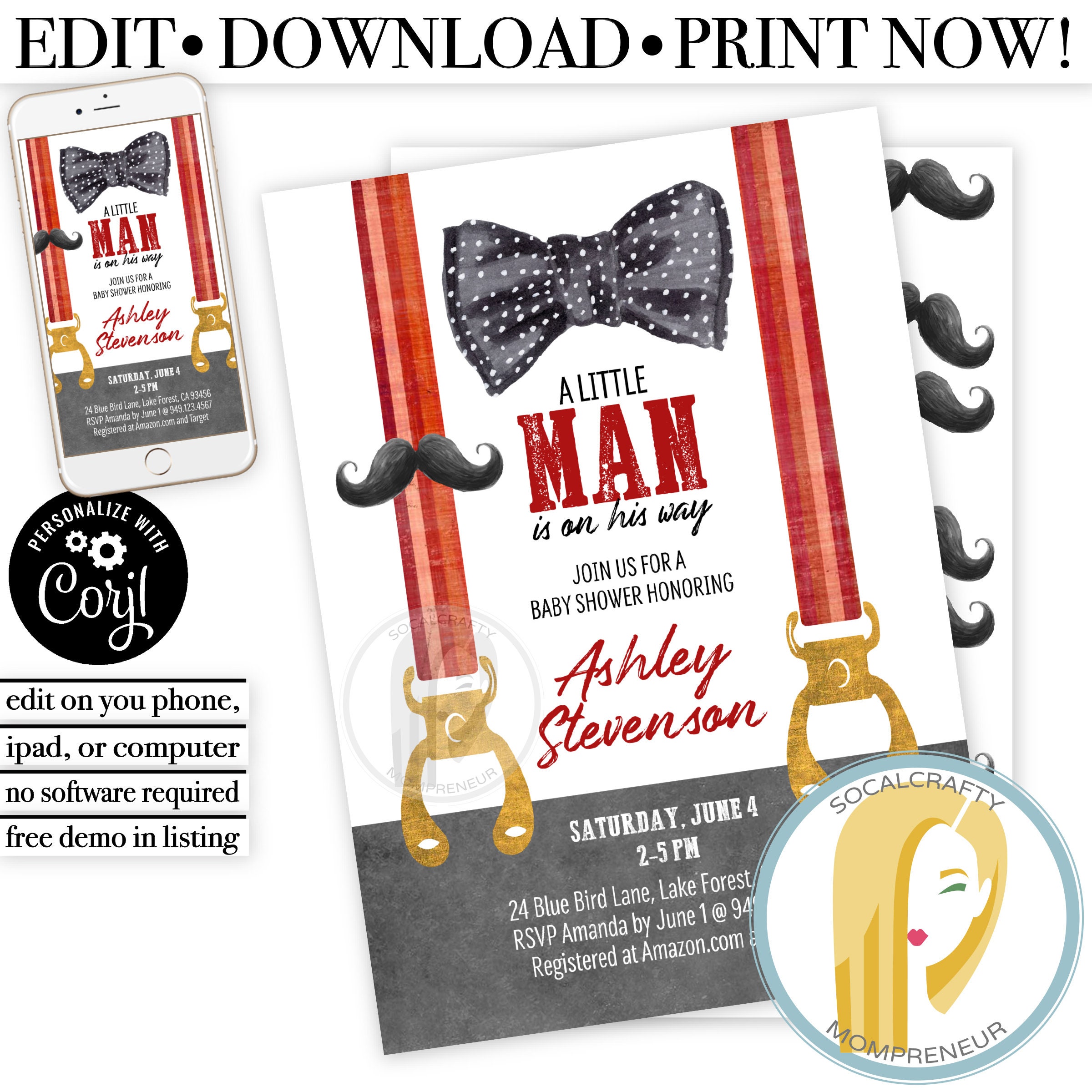 Little Man Baby Shower Invitation / Boy Bow Tie Suspenders | Etsy