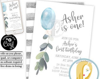 Eucalyptus Birthday Party Invitation / Blue Balloon Birthday Invitation / 1st First Boy / Editable Corjl Template Printed or Printable 059