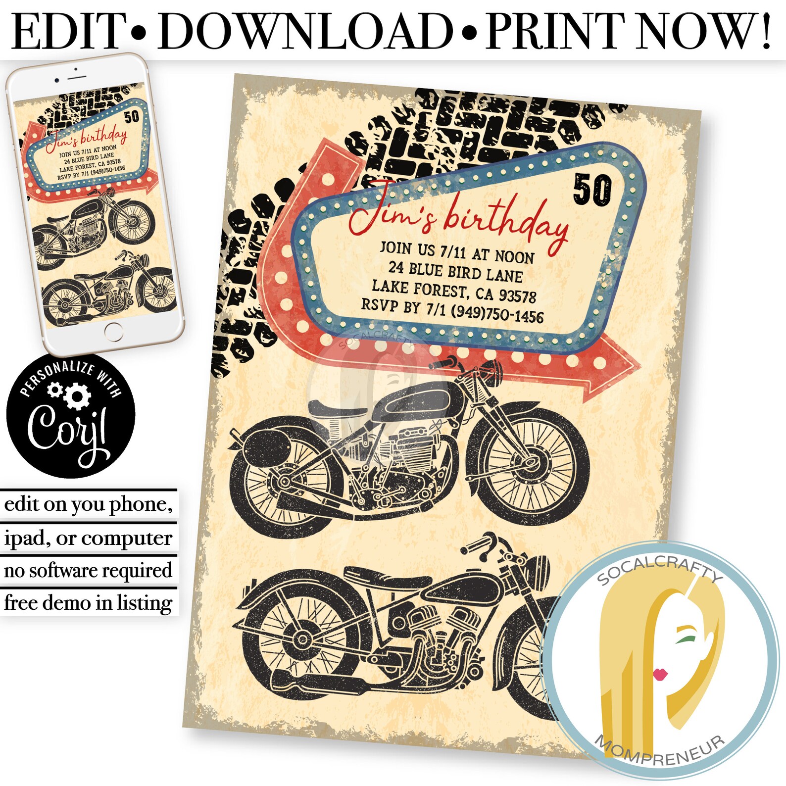 Printable Vintage Motorcycle Invitation / Motorcycle Birthday - Etsy