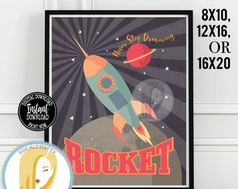 Printable Space Print / Spaceship Wall Print / Vintage Space Print Astronaut Poster / Boy Nursery Art / Baby Shower Gift / Instant Download