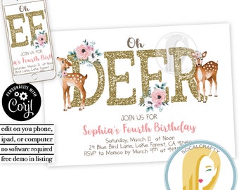 Oh Deer Birthday Party Invitation / Deer Birthday Invite / Woodland Invitation / Floral / Editable Corjl Invite / Printed or Printable 020