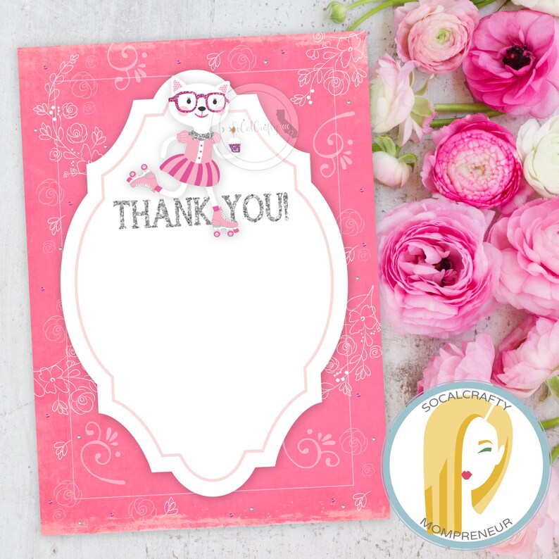 Roller Skating Thank You Card Roller Skate Thank You Cards Roller Skating Birthday Party Cat Thank You Printable Instant Download