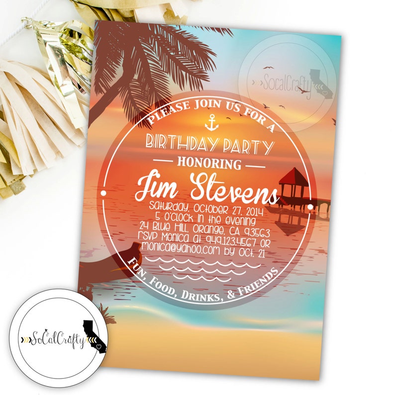 Beach Birthday Party Invitation Beach Invitation Tropical Invite Sunset Island Printed Or Printable Invitations Free Shipping