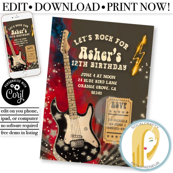 Printable Guitar Birthday Party Invitation / Rock and Roll - Etsy