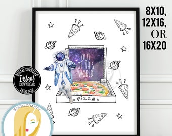 Space Pizza Print / Galaxy Wall Print / Space Print / Astronaut Poster / Boy Nursery Art / Funny Print Pizza Art Printable Instant Download