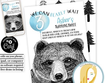 Bear Birthday Party Invitation / Camping Invitation / Woodland Animal Invite / Forest Party / Editable Template Printed or Printable 050