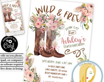 Cowgirl Invitation / Cowgirl Birthday Party Invitation / Watercolor Floral Cowgirl Boots Invite / Editable Template Printed or Printable 042