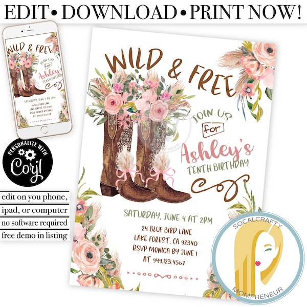 Cowgirl Invitation / Cowgirl Birthday Party Invitation / Watercolor Floral Cowgirl Boots Invite / Editable Template Printed or Printable 042