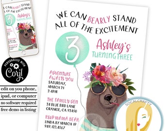 Bear Birthday Party Invitation / Floral Bear Invitation / Woodland Invite / Forest Party / Editable Template Printed or Printable 049