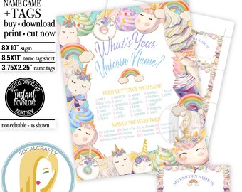 What Is Your Unicorn Name Game / Printable Unicorn Party Game / Unicorn Party Magical Unicorn Birthday Decorations / Instant Download 081