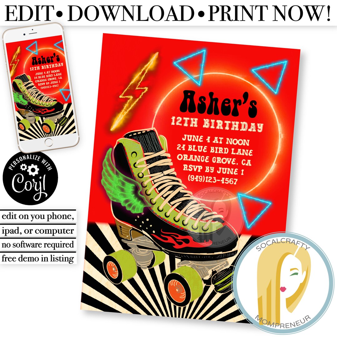 Printable Neon Roller Skating Birthday Party Invitation / Roller Skates