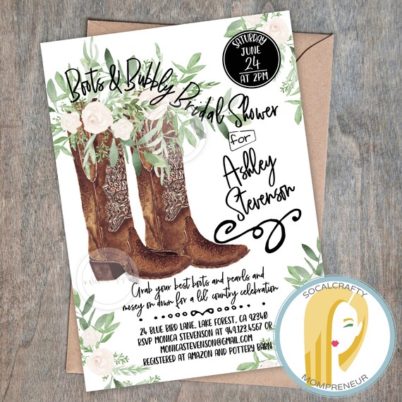Boots And Bubbly Bridal Shower Invitation Cowgirl Boots Etsy