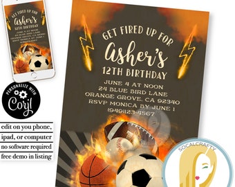 Printable Sports Birthday Party Invitation / Sports Theme Invitation / Sports Invite / Editable Template / Printed or Printable 087