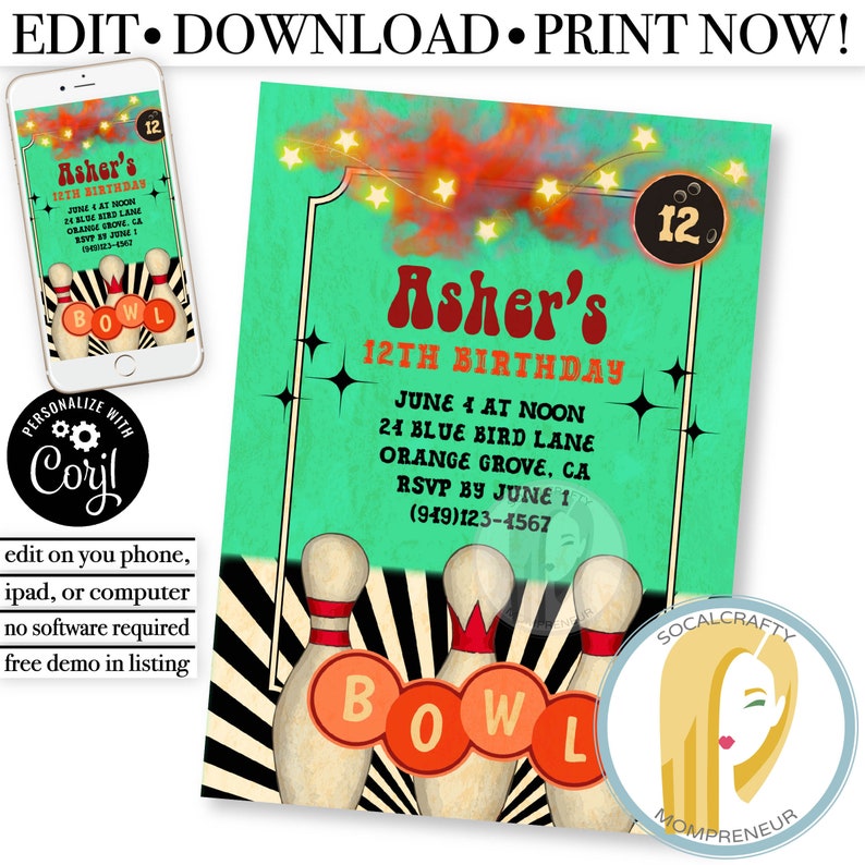 Printable Vintage Bowling Birthday Party Invitation / Bowling Etsy