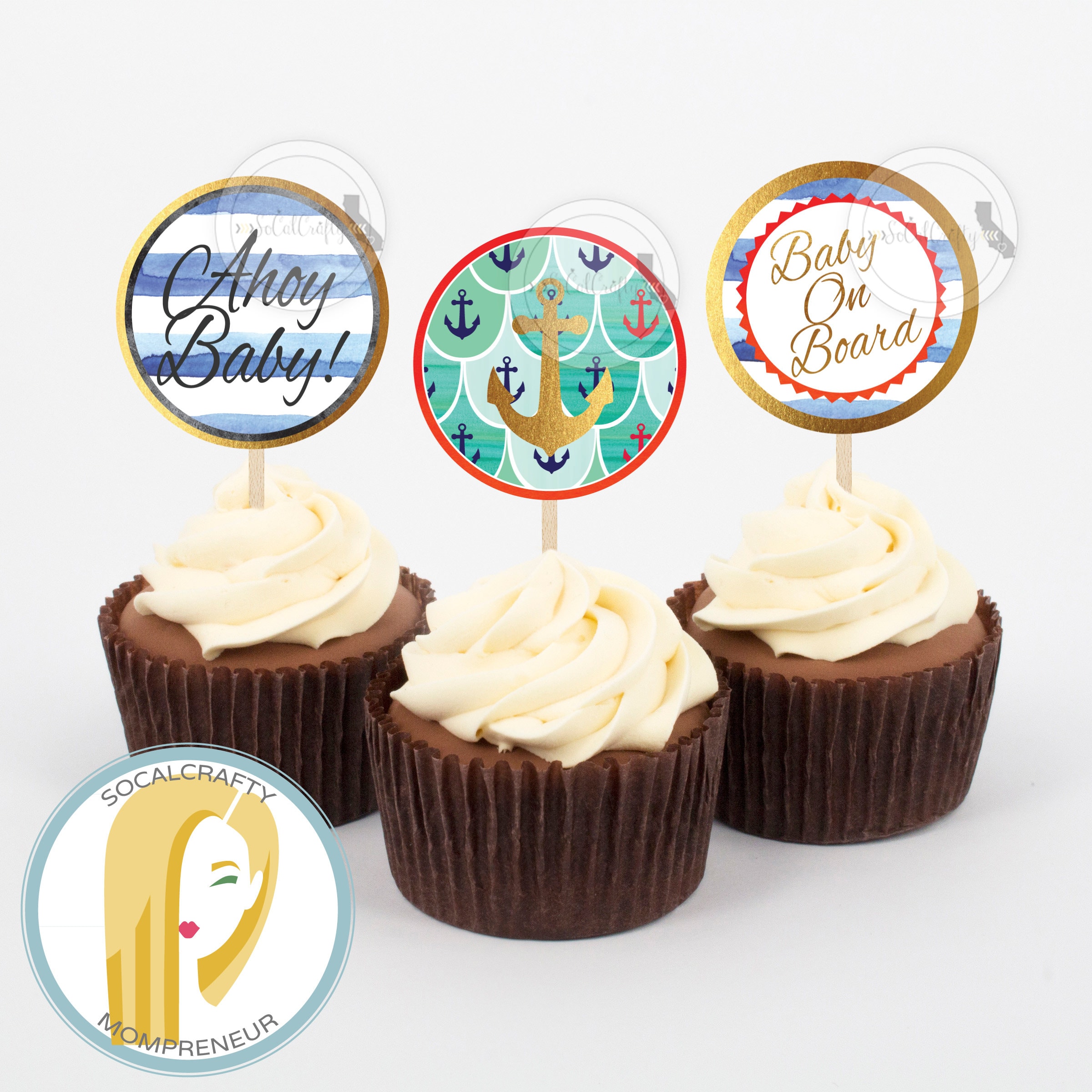 Nautical Cupcake Toppers Nautical Baby Shower Cupcake Toppers Beach Cupcake Toppers Nautical Decorations DIY Printable Party