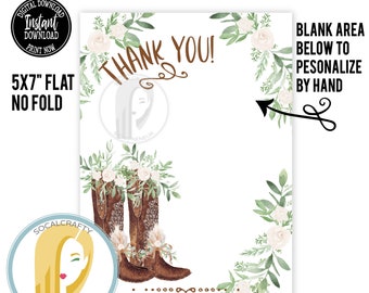 Printable Cowgirl Boots Thank You Card / Cowgirl Theme Thank You Cards / Bridal Shower / Eucalyptus / Matching Set / Instant Download 043