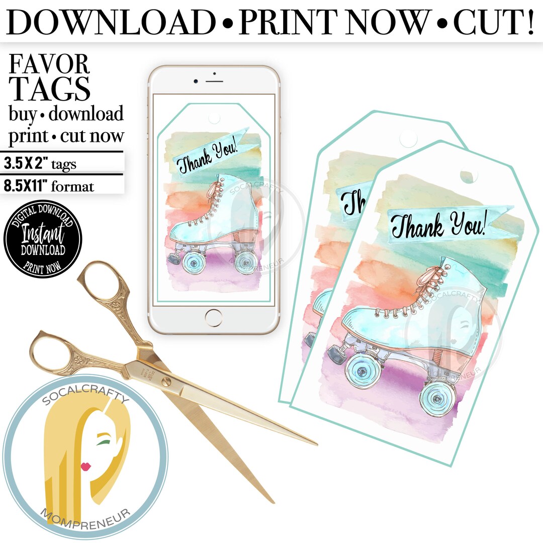 Printable Roller Skate Favor Tags / Watercolor Roller Skating Gift Tags ...