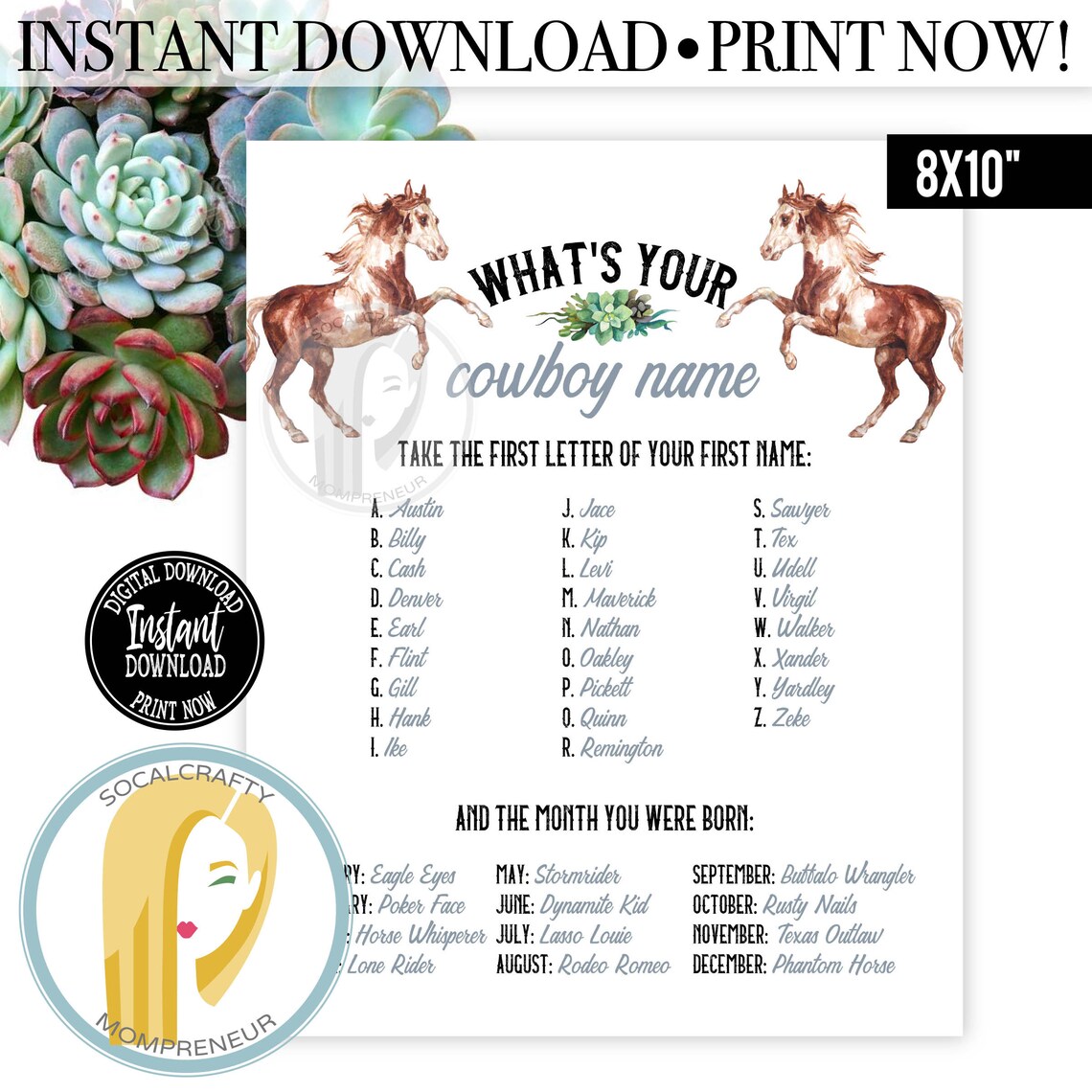 What is Your Cowboy Name / Printable Cowboy Party Game / Horse Etsy