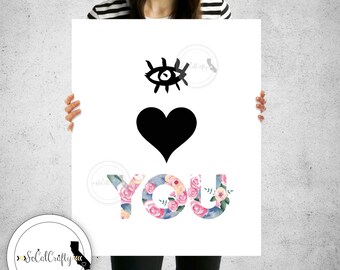 I Love You Wall Print, Watercolor Print, Modern Wall Art, Inspirational, Pink Black White, Quote, Digital Print, 8x10 Instant Download