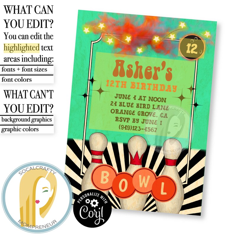 Printable Vintage Bowling Birthday Party Invitation / Bowling Etsy