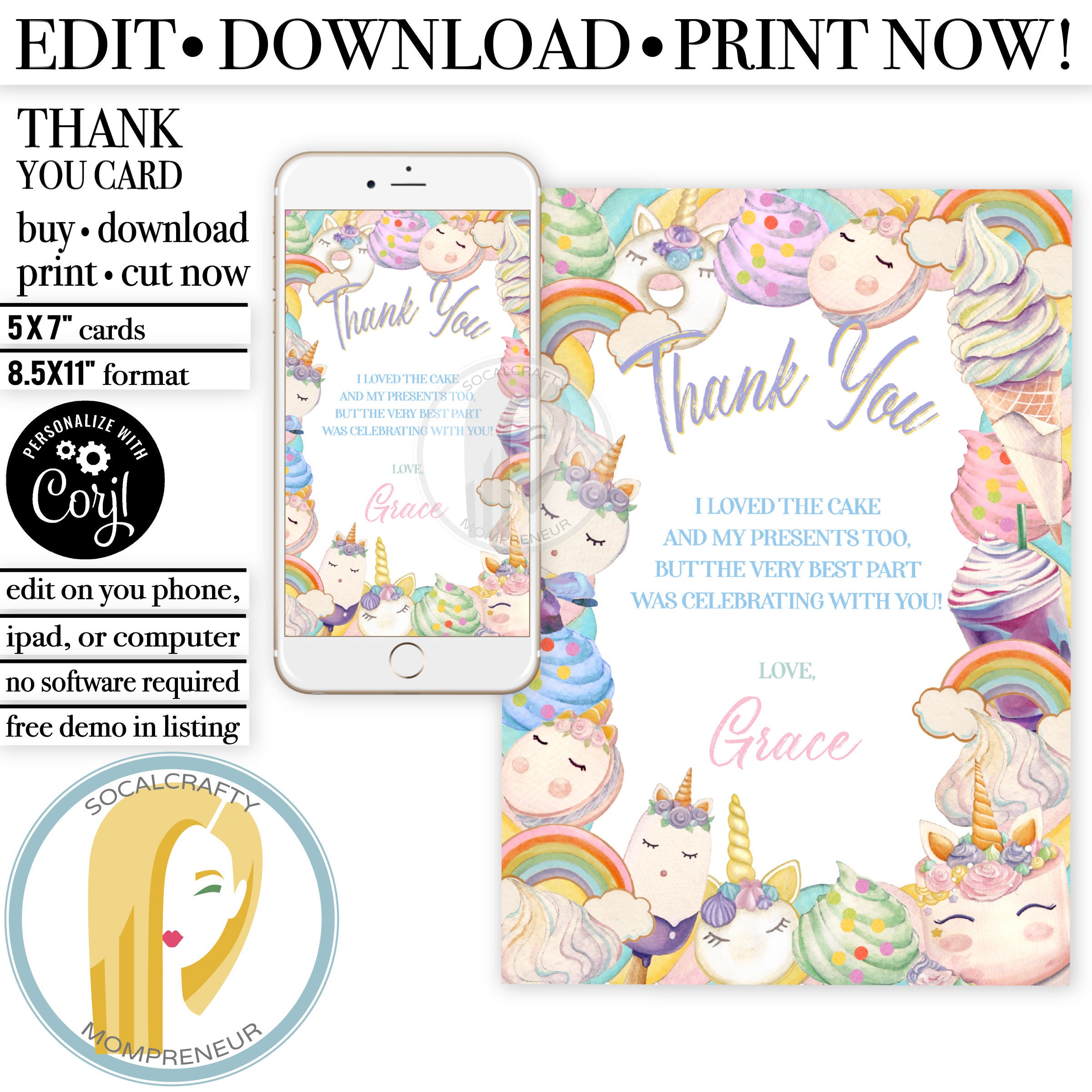 editable unicorn thank you card rainbow thank you cards etsy