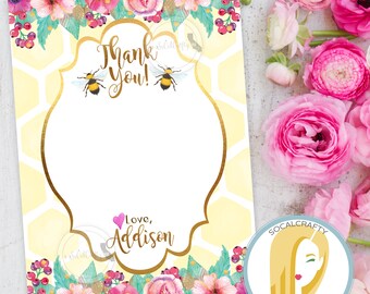 Bee Birthday Party Thank You Card, Bee Thank You Card, Bumblebee Thank You Card, Custom Thank You Card, Printed or Printable DIY Cards