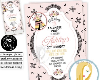 Teepee Sleepover Party Birthday Invitation / Girl Teepee Birthday Slumber Party / Bohemian EDITABLE invitation / Printed or Printable 079