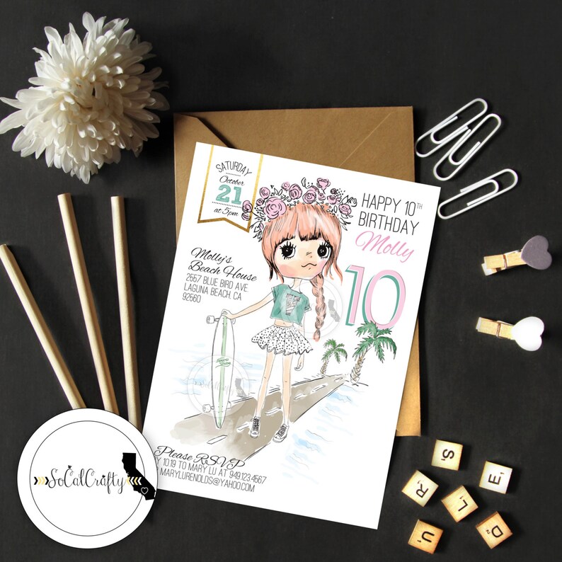 Surf Birthday Party Invitation Beach Party Skater Girl Surfer Surfboard Skateboard Printed Or Printable Invitations Free Shipping