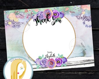 Watercolor Floral Thank You Card, Matching Bridal Shower Thank You Card, Purple Teal Brown Thank You Card, Printed or Printable DIY Cards