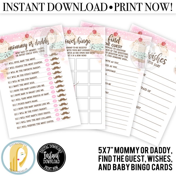 Ice Cream Baby Shower Games Bundle / Ice Cream Social Shower Games / Printable Game Set / Watercolor Matching Set / Instant Download 017
