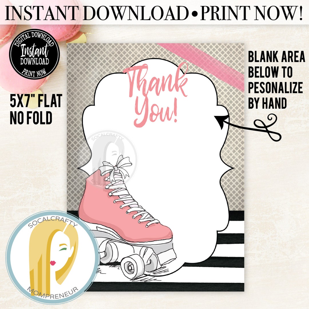 Printable Roller Skate Thank You Card / Roller Skating Thank You Cards ...