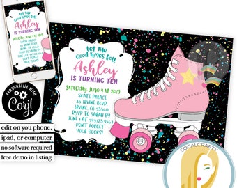 Roller Skate Invitation / Roller Skate Birthday Party / Roller Skating / Neon Party / Editable Corjl Invite / Printed or Printable 019