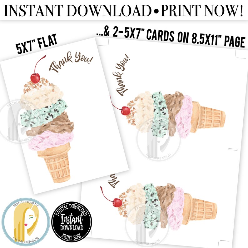 Printable Ice Cream Thank You Card / Ice Cream Cone Thank You Etsy