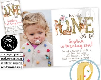 Woodland First Birthday Party Invitation / Deer 1st Birthday Invite / Photo Invitation / Editable Corjl Invite / Printed or Printable 020