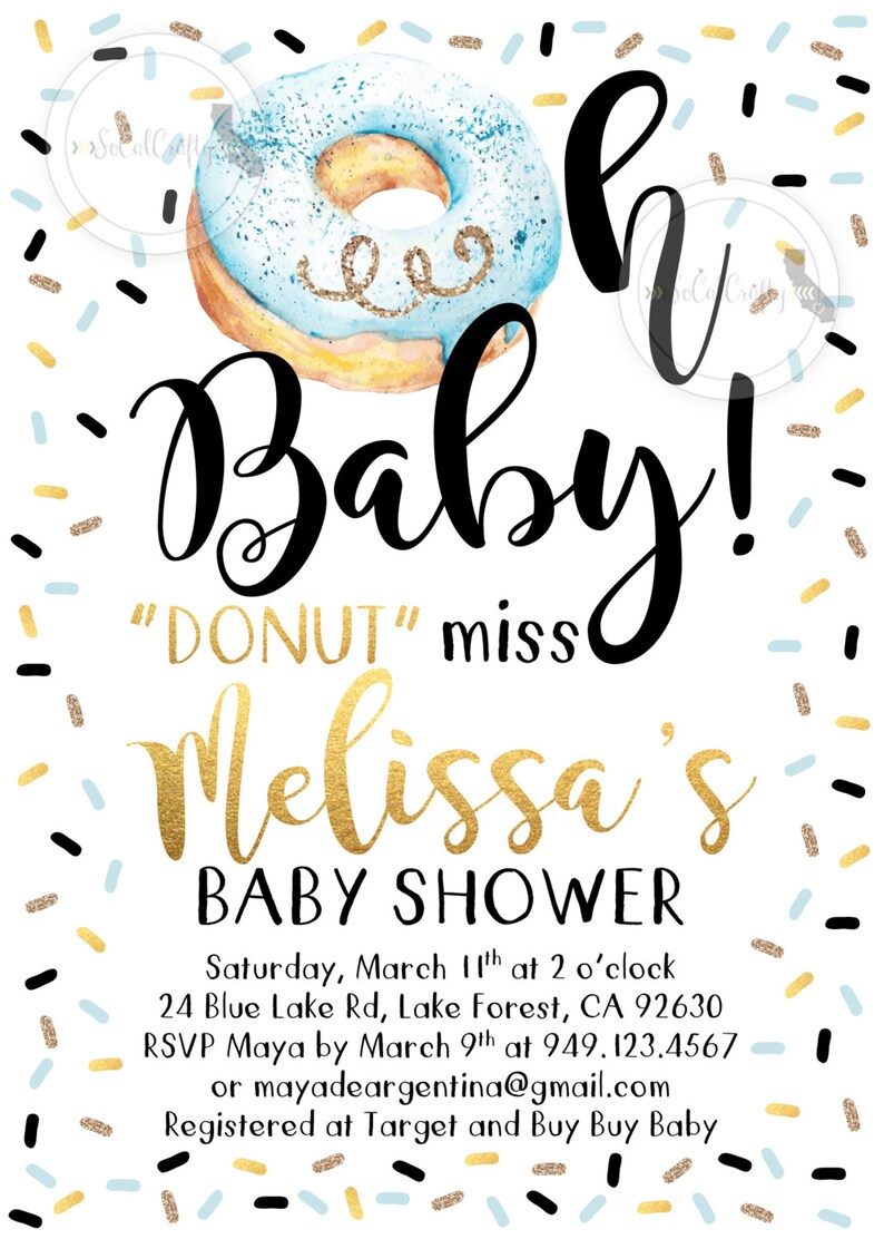 Donut Baby Shower Invitation Watercolor Invite Boy Blue Etsy
