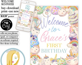 Editable Unicorn Welcome Sign / Watercolor Unicorn Welcome Print / Birthday Party Poster / Unicorn Party / Corjl Template / Printable 081