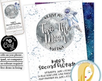 Two The Moon Birthday Party Invitation / 2nd Birthday Party Invitation / Space Invite / Galaxy / Editable Template Printed or Printable 067