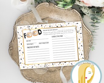 Donut Recipe Card, Bridal Shower Recipe Card, Sprinkles Recipe Card, Blush Pink Gold Black White, Printable Recipe Cards, Instant Download