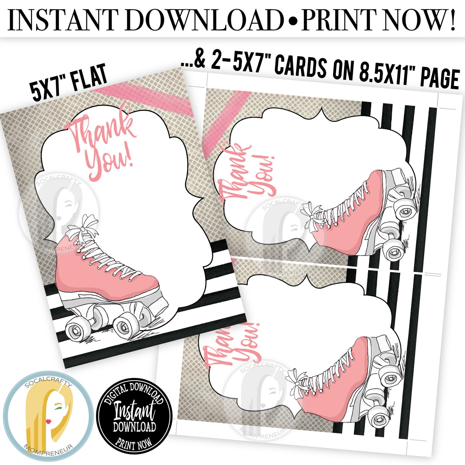 Printable Roller Skate Thank You Card / Roller Skating Thank | Etsy