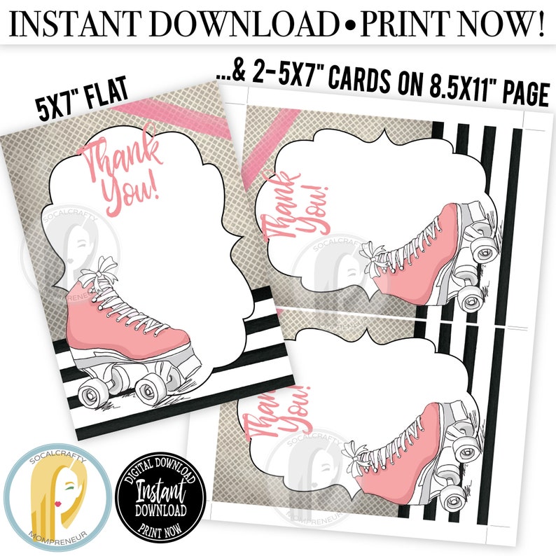 Printable Roller Skate Thank You Card / Roller Skating Thank | Etsy