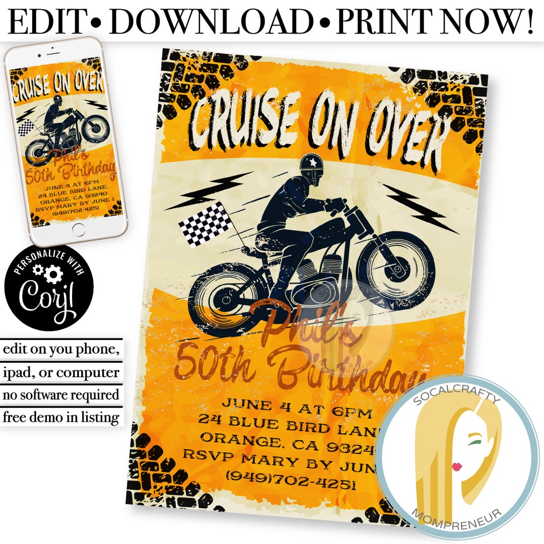 Printable Vintage Motorcycle Invitation / Motorcycle Birthday Party ...